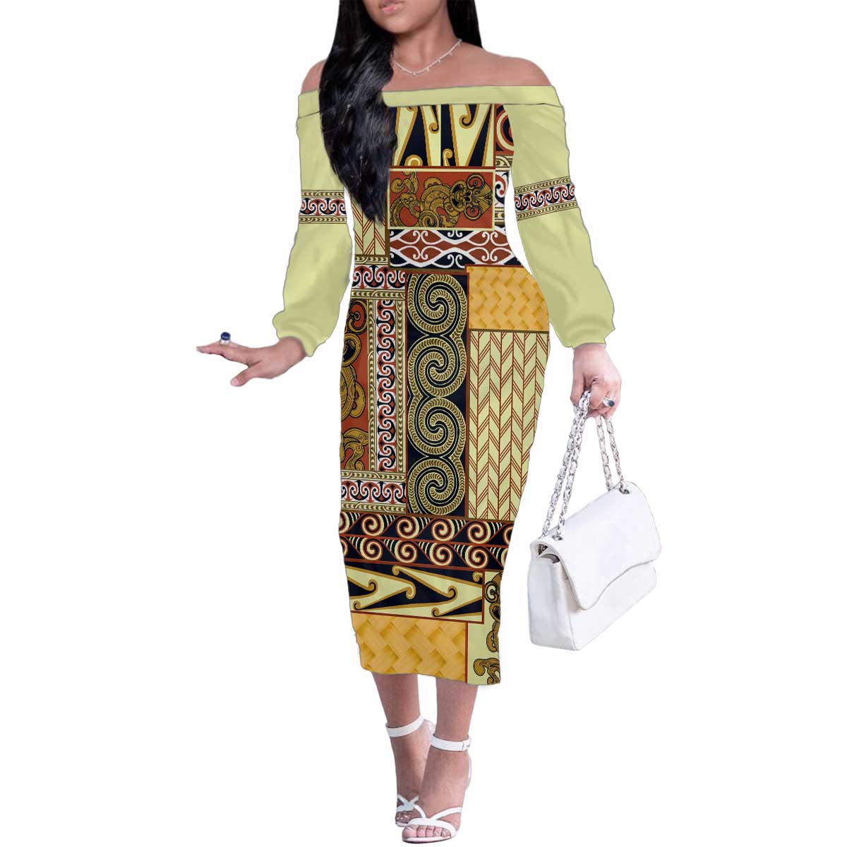 Yellow Aotearoa Kowhaiwhai Pattern Family Matching Off The Shoulder Long Sleeve Dress and Hawaiian Shirt NZ Maori Quilt Style LT14 Mom's Dress Yellow - Polynesian Pride