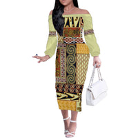 Yellow Aotearoa Kowhaiwhai Pattern Family Matching Off The Shoulder Long Sleeve Dress and Hawaiian Shirt NZ Maori Quilt Style LT14 Mom's Dress Yellow - Polynesian Pride
