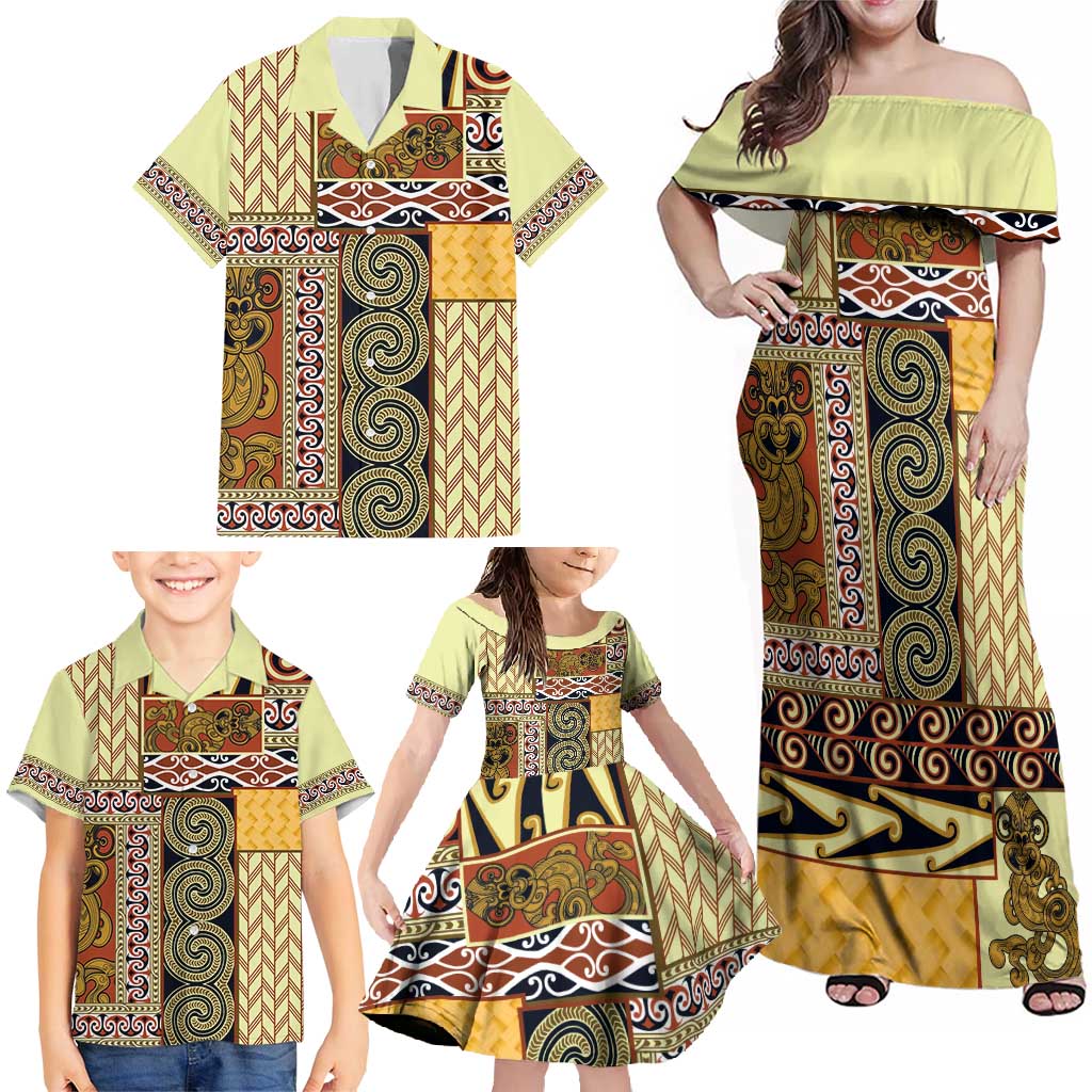 Yellow Aotearoa Kowhaiwhai Pattern Family Matching Off Shoulder Maxi Dress and Hawaiian Shirt NZ Maori Quilt Style LT14 - Polynesian Pride