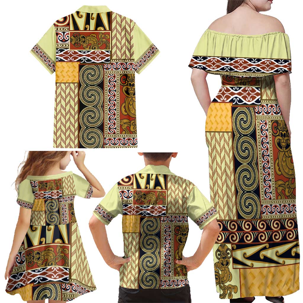 Yellow Aotearoa Kowhaiwhai Pattern Family Matching Off Shoulder Maxi Dress and Hawaiian Shirt NZ Maori Quilt Style LT14 - Polynesian Pride