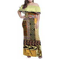 Yellow Aotearoa Kowhaiwhai Pattern Family Matching Off Shoulder Maxi Dress and Hawaiian Shirt NZ Maori Quilt Style LT14 Mom's Dress Yellow - Polynesian Pride