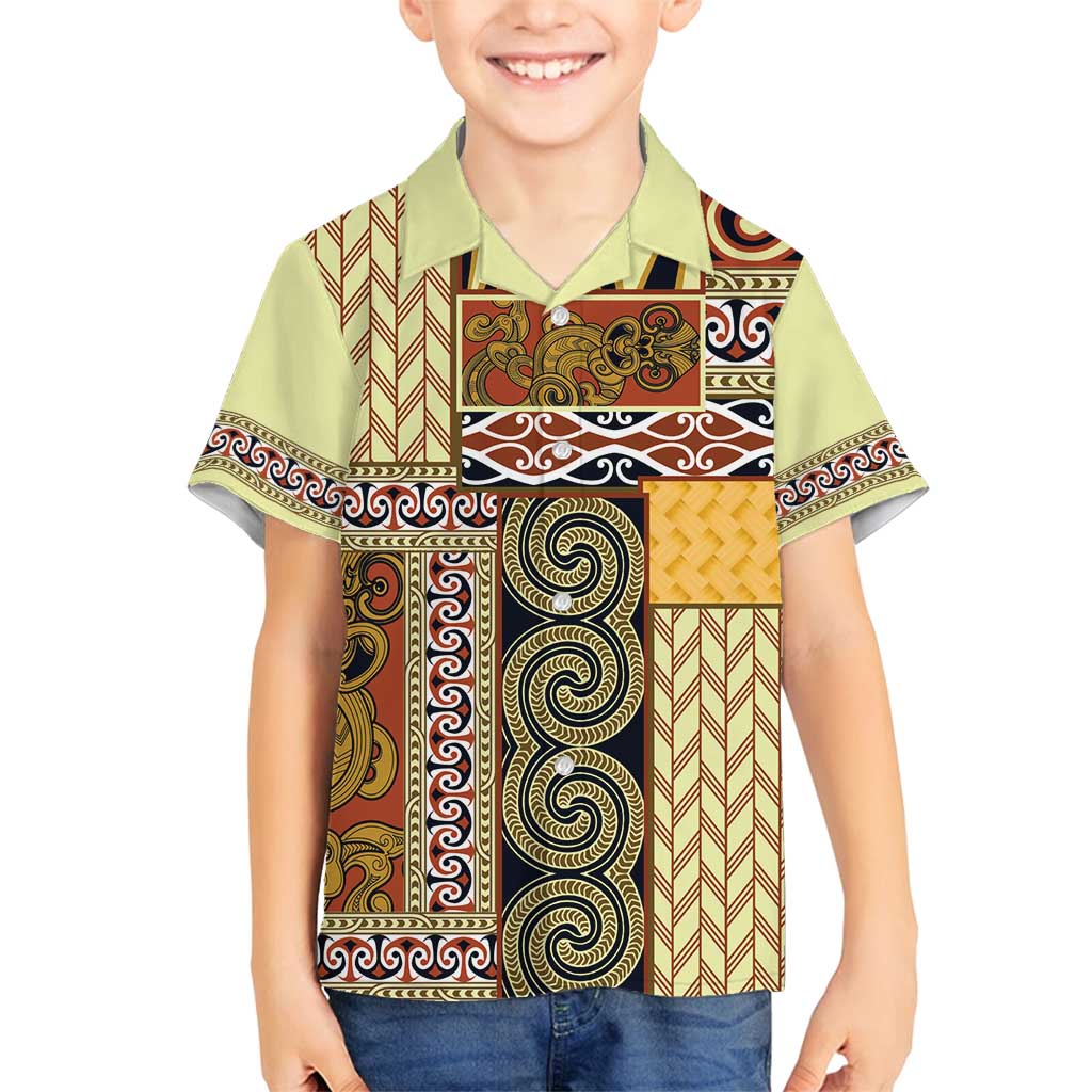 Yellow Aotearoa Kowhaiwhai Pattern Family Matching Off Shoulder Maxi Dress and Hawaiian Shirt NZ Maori Quilt Style LT14 Son's Shirt Yellow - Polynesian Pride