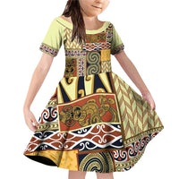 Yellow Aotearoa Kowhaiwhai Pattern Family Matching Off Shoulder Short Dress and Hawaiian Shirt NZ Maori Quilt Style LT14 Daughter's Dress Yellow - Polynesian Pride