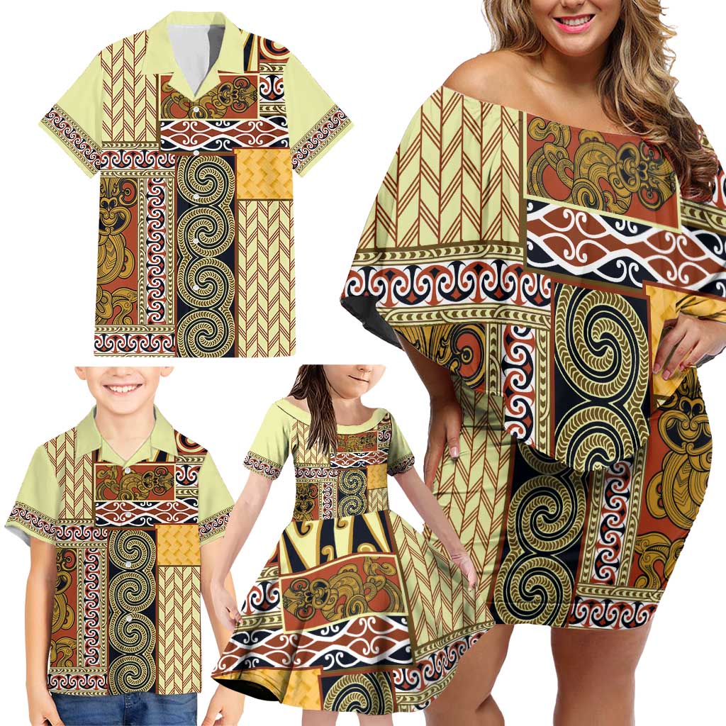 Yellow Aotearoa Kowhaiwhai Pattern Family Matching Off Shoulder Short Dress and Hawaiian Shirt NZ Maori Quilt Style LT14 - Polynesian Pride