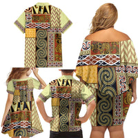 Yellow Aotearoa Kowhaiwhai Pattern Family Matching Off Shoulder Short Dress and Hawaiian Shirt NZ Maori Quilt Style LT14 - Polynesian Pride