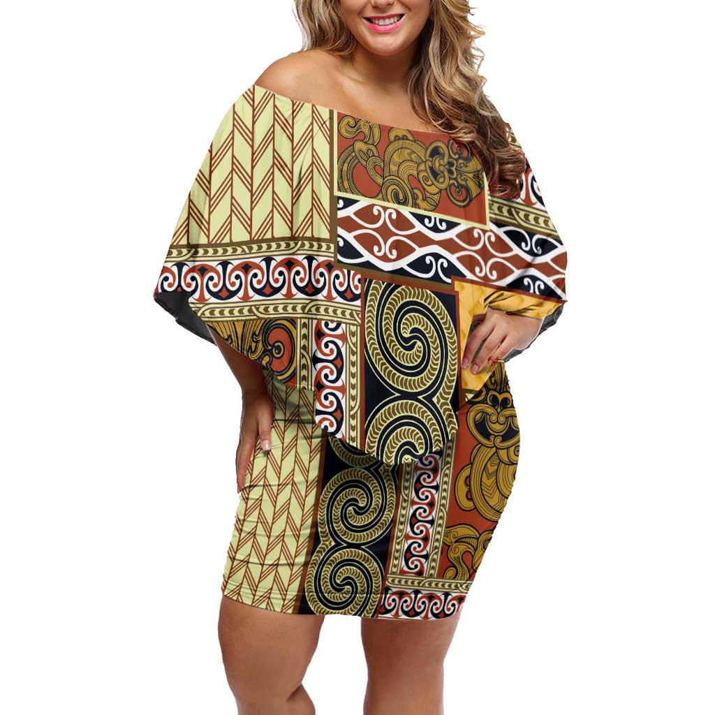 Yellow Aotearoa Kowhaiwhai Pattern Family Matching Off Shoulder Short Dress and Hawaiian Shirt NZ Maori Quilt Style LT14 Mom's Dress Yellow - Polynesian Pride