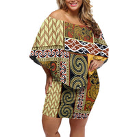 Yellow Aotearoa Kowhaiwhai Pattern Family Matching Off Shoulder Short Dress and Hawaiian Shirt NZ Maori Quilt Style LT14 Mom's Dress Yellow - Polynesian Pride