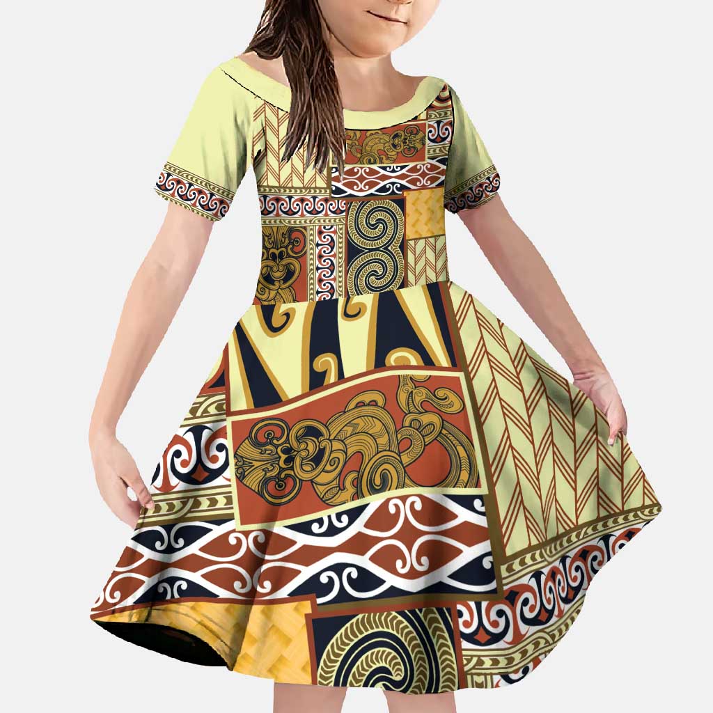 Yellow Aotearoa Kowhaiwhai Pattern Family Matching Short Sleeve Bodycon Dress and Hawaiian Shirt NZ Maori Quilt Style LT14 Daughter's Dress Yellow - Polynesian Pride