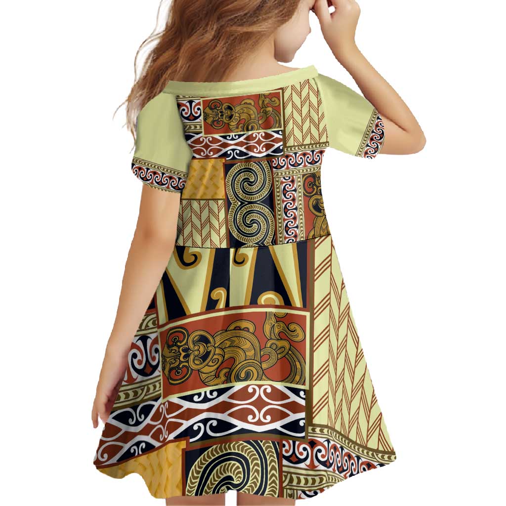 Yellow Aotearoa Kowhaiwhai Pattern Family Matching Short Sleeve Bodycon Dress and Hawaiian Shirt NZ Maori Quilt Style LT14 - Polynesian Pride