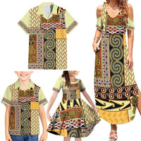 Yellow Aotearoa Kowhaiwhai Pattern Family Matching Summer Maxi Dress and Hawaiian Shirt NZ Maori Quilt Style LT14 - Polynesian Pride