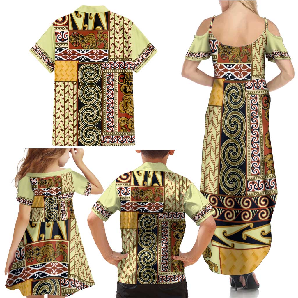 Yellow Aotearoa Kowhaiwhai Pattern Family Matching Summer Maxi Dress and Hawaiian Shirt NZ Maori Quilt Style LT14 - Polynesian Pride