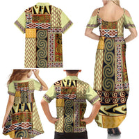 Yellow Aotearoa Kowhaiwhai Pattern Family Matching Summer Maxi Dress and Hawaiian Shirt NZ Maori Quilt Style LT14 - Polynesian Pride