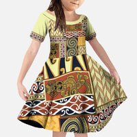 Yellow Aotearoa Kowhaiwhai Pattern Family Matching Tank Maxi Dress and Hawaiian Shirt NZ Maori Quilt Style LT14 Daughter's Dress Yellow - Polynesian Pride