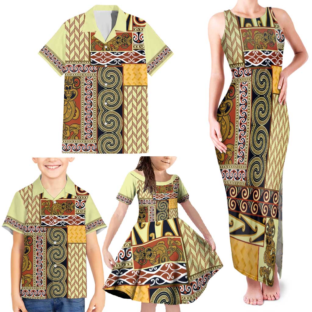 Yellow Aotearoa Kowhaiwhai Pattern Family Matching Tank Maxi Dress and Hawaiian Shirt NZ Maori Quilt Style LT14 - Polynesian Pride