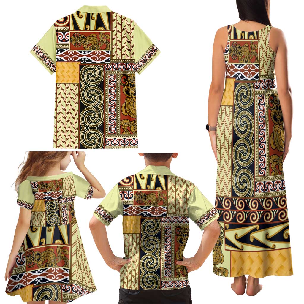 Yellow Aotearoa Kowhaiwhai Pattern Family Matching Tank Maxi Dress and Hawaiian Shirt NZ Maori Quilt Style LT14 - Polynesian Pride