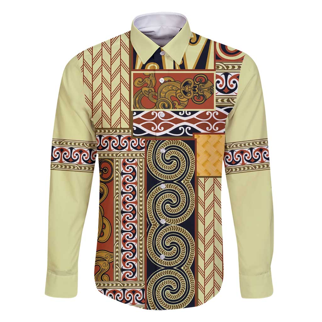 Yellow Aotearoa Kowhaiwhai Pattern Family Matching Tank Maxi Dress and Hawaiian Shirt NZ Maori Quilt Style LT14 Dad's Shirt - Long Sleeve Yellow - Polynesian Pride