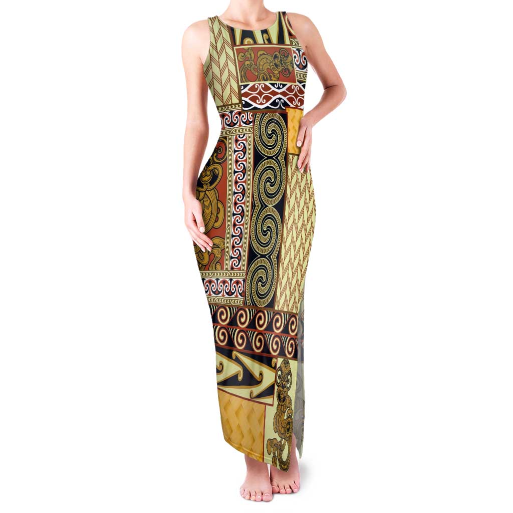 Yellow Aotearoa Kowhaiwhai Pattern Family Matching Tank Maxi Dress and Hawaiian Shirt NZ Maori Quilt Style LT14 Mom's Dress Yellow - Polynesian Pride