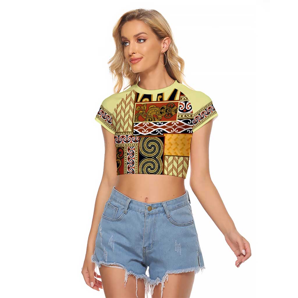 Yellow Aotearoa Kowhaiwhai Pattern Raglan Cropped T Shirt NZ Maori Quilt Style LT14 Female Yellow - Polynesian Pride
