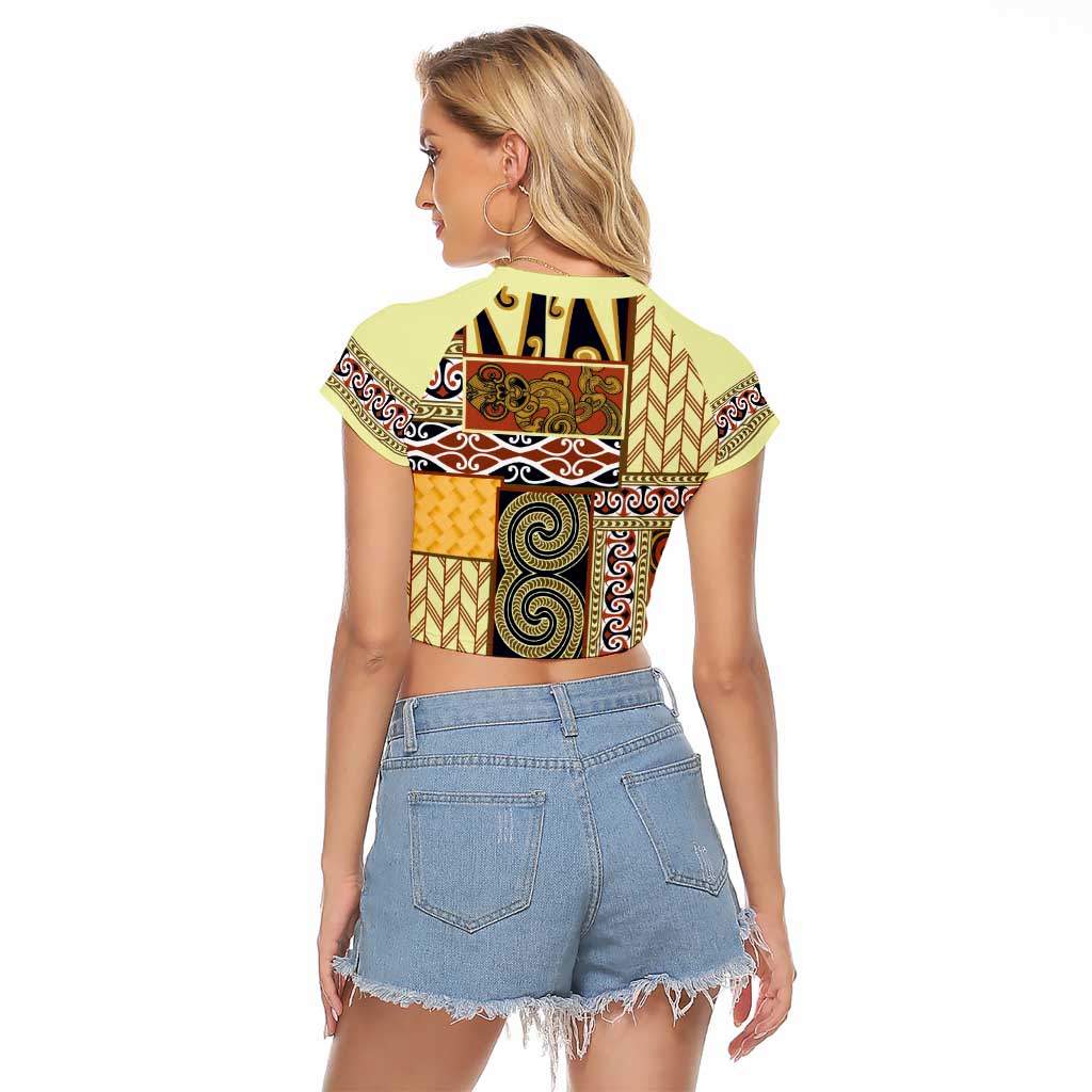 Yellow Aotearoa Kowhaiwhai Pattern Raglan Cropped T Shirt NZ Maori Quilt Style LT14 - Polynesian Pride