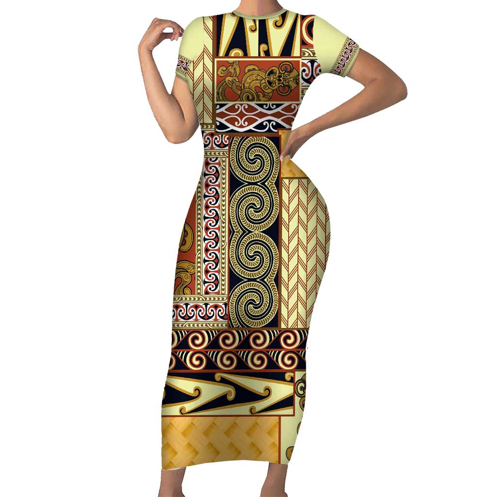 Yellow Aotearoa Kowhaiwhai Pattern Short Sleeve Bodycon Dress NZ Maori Quilt Style LT14 Long Dress Yellow - Polynesian Pride