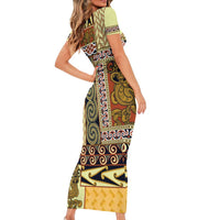 Yellow Aotearoa Kowhaiwhai Pattern Short Sleeve Bodycon Dress NZ Maori Quilt Style LT14 - Polynesian Pride
