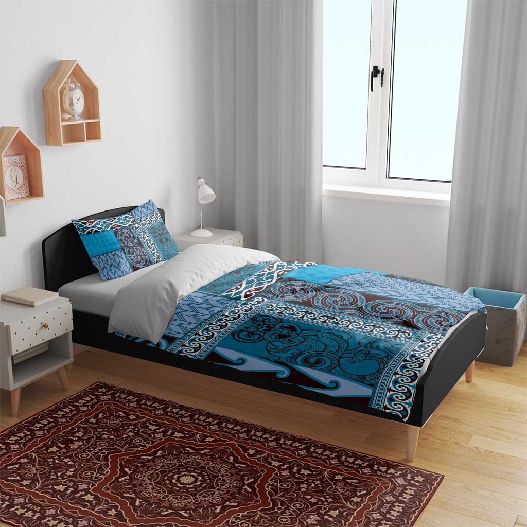 Blue Aotearoa Kowhaiwhai Pattern Bedding Set NZ Maori Quilt Style