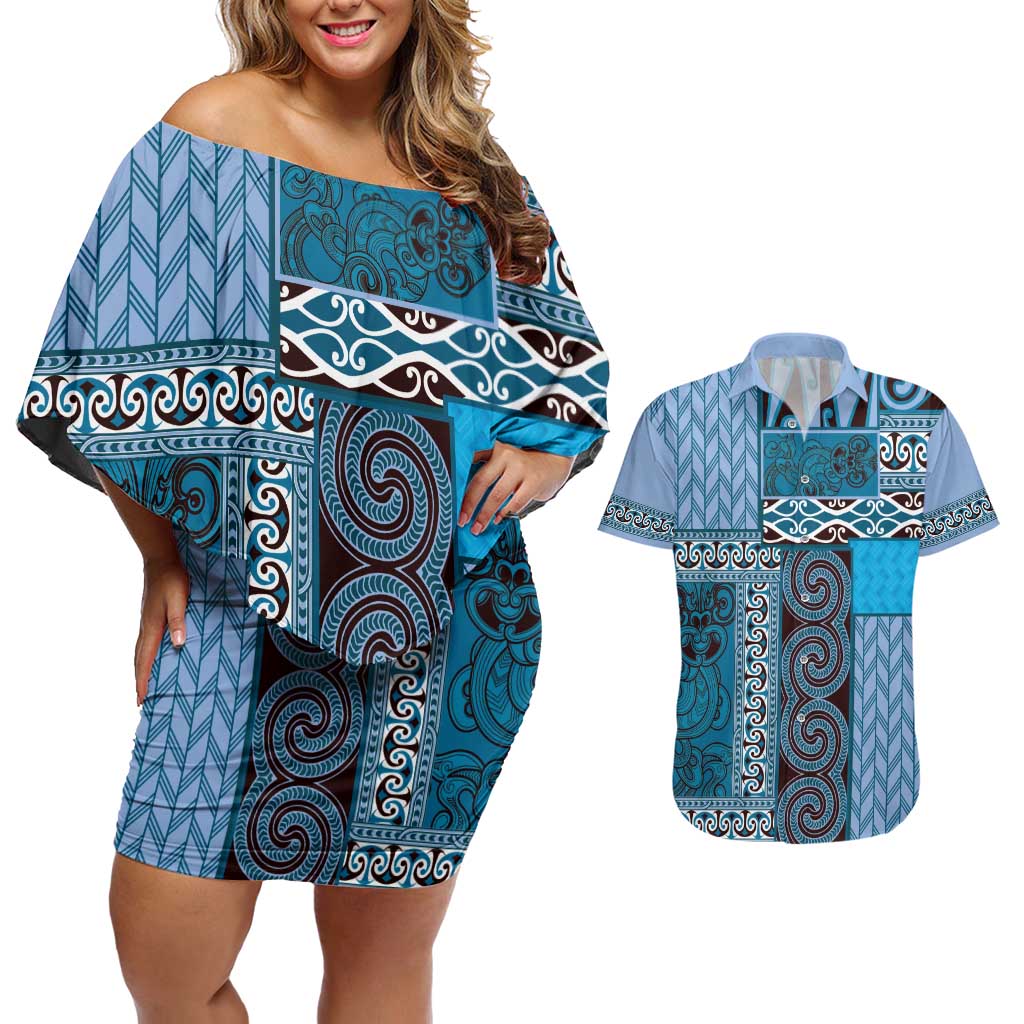 Blue Aotearoa Kowhaiwhai Pattern Couples Matching Off Shoulder Short Dress and Hawaiian Shirt NZ Maori Quilt Style LT14 Blue - Polynesian Pride