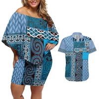 Blue Aotearoa Kowhaiwhai Pattern Couples Matching Off Shoulder Short Dress and Hawaiian Shirt NZ Maori Quilt Style LT14 Blue - Polynesian Pride