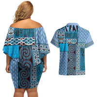 Blue Aotearoa Kowhaiwhai Pattern Couples Matching Off Shoulder Short Dress and Hawaiian Shirt NZ Maori Quilt Style LT14 - Polynesian Pride