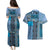 Blue Aotearoa Kowhaiwhai Pattern Couples Matching Puletasi and Hawaiian Shirt NZ Maori Quilt Style