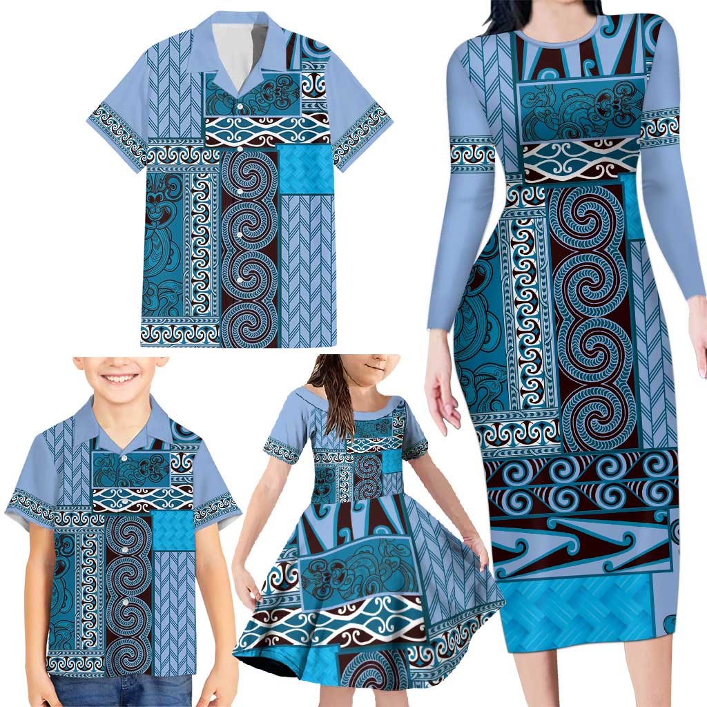 Blue Aotearoa Kowhaiwhai Pattern Family Matching Long Sleeve Bodycon Dress and Hawaiian Shirt NZ Maori Quilt Style LT14 - Polynesian Pride
