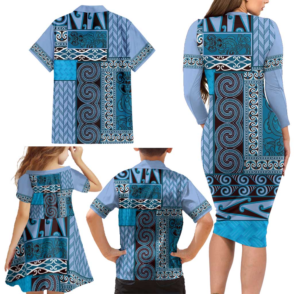 Blue Aotearoa Kowhaiwhai Pattern Family Matching Long Sleeve Bodycon Dress and Hawaiian Shirt NZ Maori Quilt Style LT14 - Polynesian Pride