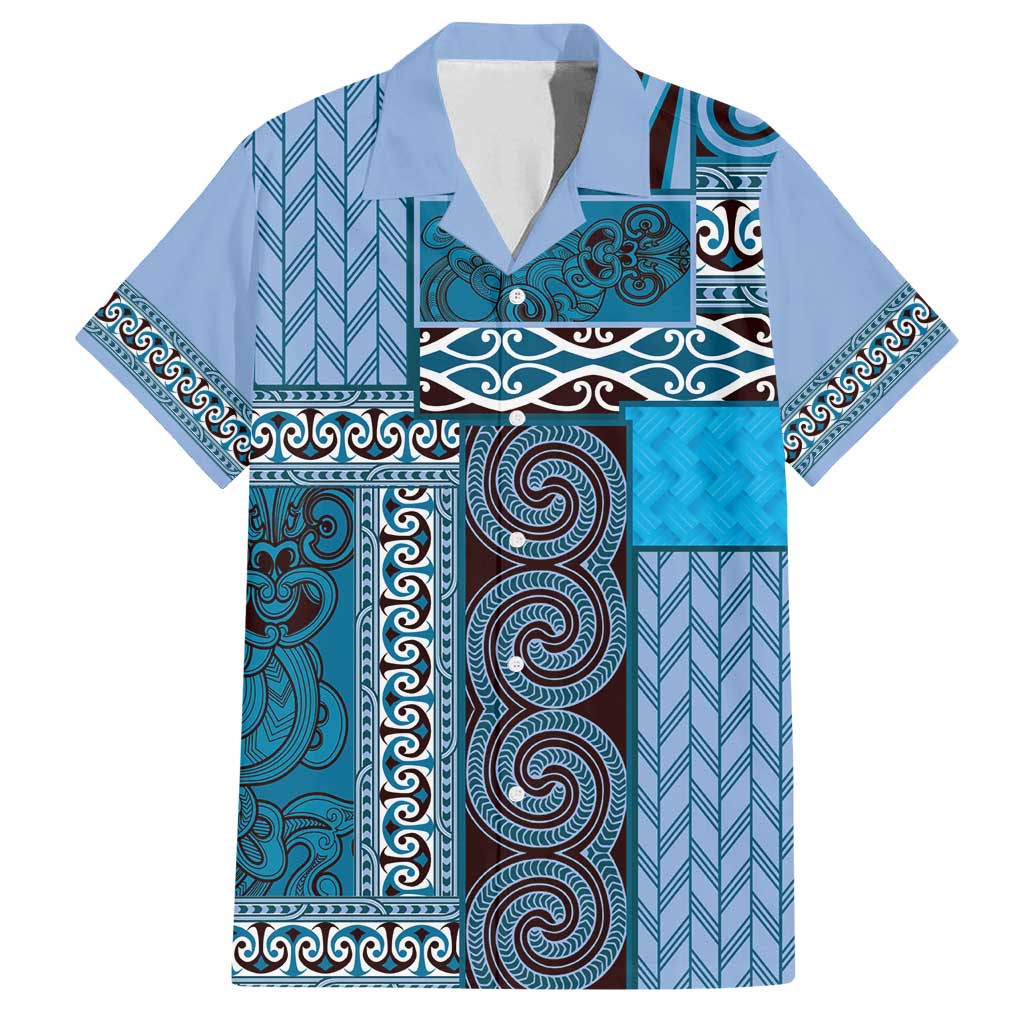 Blue Aotearoa Kowhaiwhai Pattern Family Matching Long Sleeve Bodycon Dress and Hawaiian Shirt NZ Maori Quilt Style LT14 Dad's Shirt - Short Sleeve Blue - Polynesian Pride