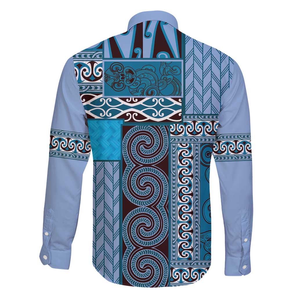Blue Aotearoa Kowhaiwhai Pattern Family Matching Long Sleeve Bodycon Dress and Hawaiian Shirt NZ Maori Quilt Style LT14 - Polynesian Pride