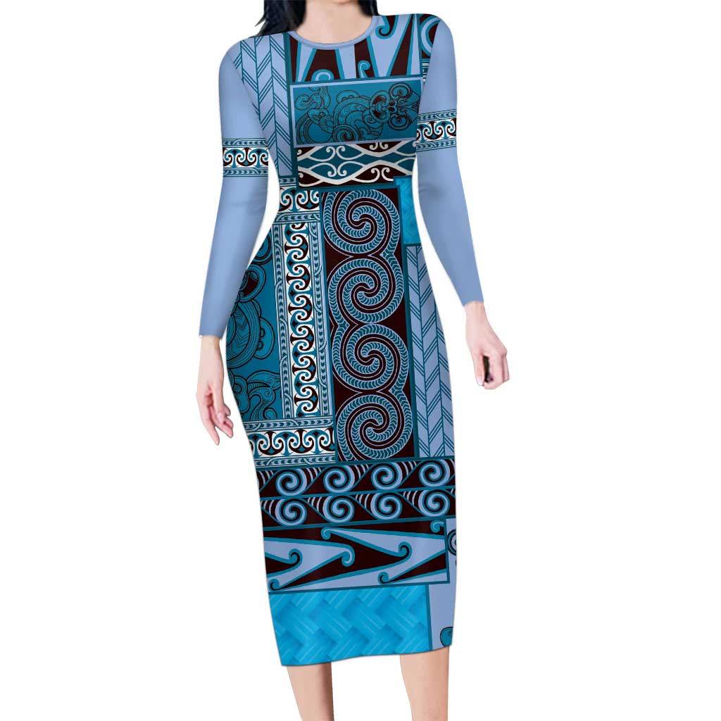 Blue Aotearoa Kowhaiwhai Pattern Family Matching Long Sleeve Bodycon Dress and Hawaiian Shirt NZ Maori Quilt Style LT14 Mom's Dress Blue - Polynesian Pride