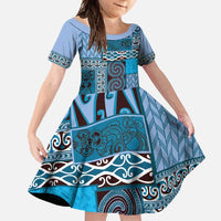 Blue Aotearoa Kowhaiwhai Pattern Family Matching Mermaid Dress and Hawaiian Shirt NZ Maori Quilt Style LT14 Daughter's Dress Blue - Polynesian Pride
