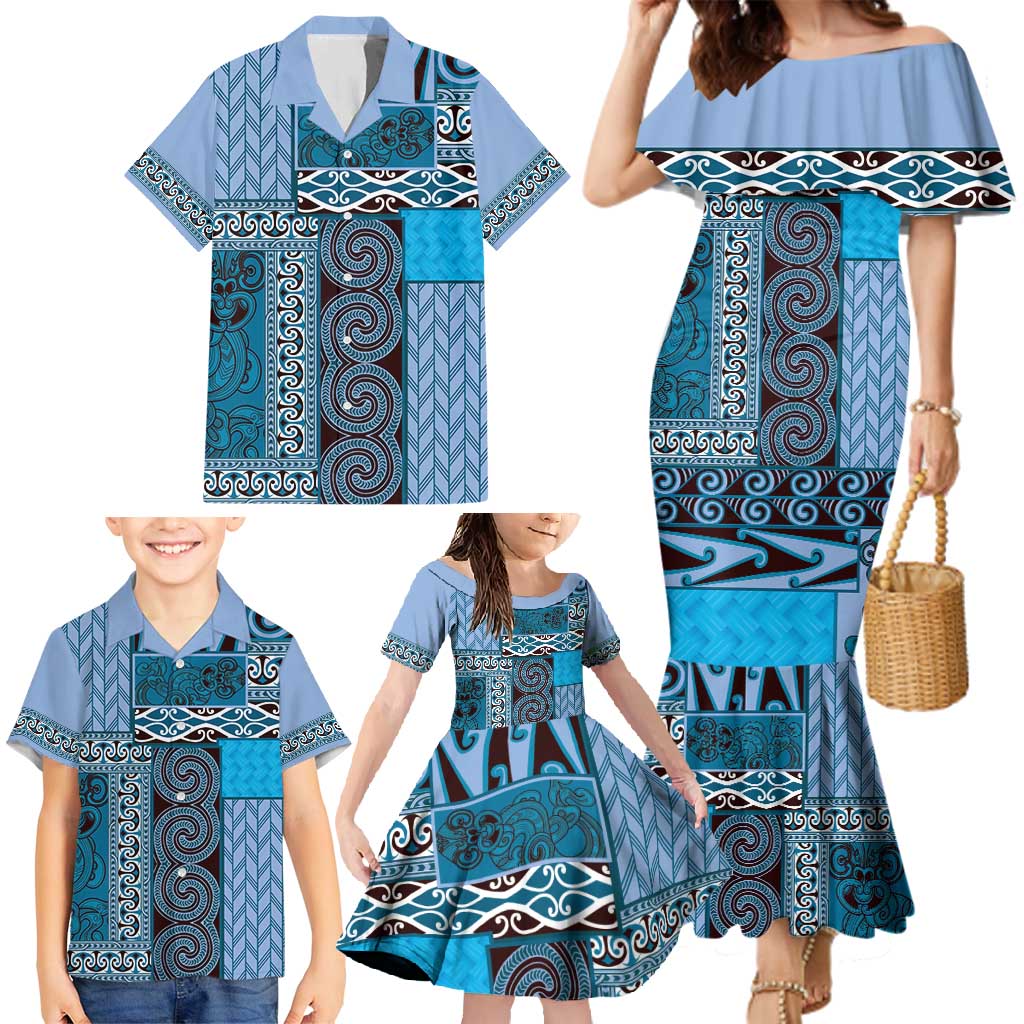 Blue Aotearoa Kowhaiwhai Pattern Family Matching Mermaid Dress and Hawaiian Shirt NZ Maori Quilt Style LT14 - Polynesian Pride