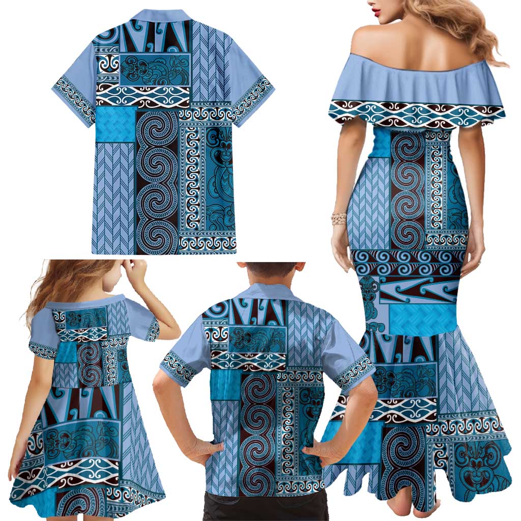Blue Aotearoa Kowhaiwhai Pattern Family Matching Mermaid Dress and Hawaiian Shirt NZ Maori Quilt Style LT14 - Polynesian Pride
