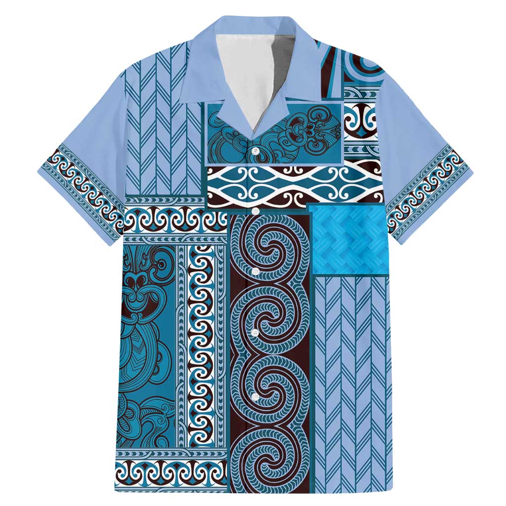 Blue Aotearoa Kowhaiwhai Pattern Family Matching Mermaid Dress and Hawaiian Shirt NZ Maori Quilt Style LT14 Dad's Shirt - Short Sleeve Blue - Polynesian Pride