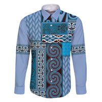 Blue Aotearoa Kowhaiwhai Pattern Family Matching Mermaid Dress and Hawaiian Shirt NZ Maori Quilt Style LT14 Dad's Shirt - Long Sleeve Blue - Polynesian Pride