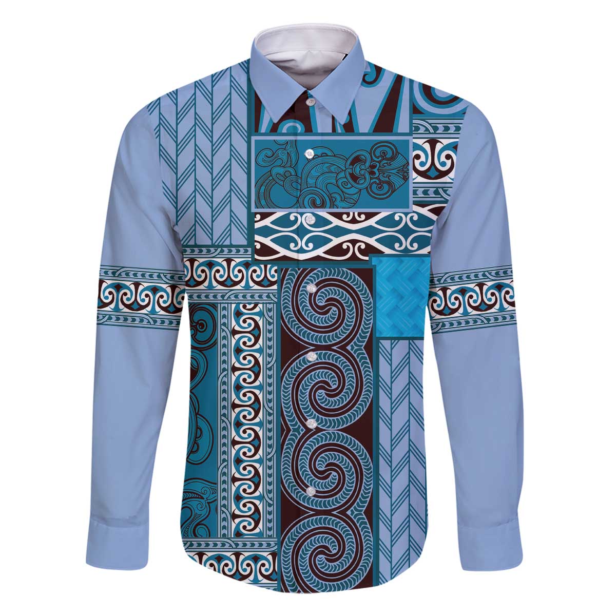 Blue Aotearoa Kowhaiwhai Pattern Family Matching Off The Shoulder Long Sleeve Dress and Hawaiian Shirt NZ Maori Quilt Style LT14 Dad's Shirt - Long Sleeve Blue - Polynesian Pride