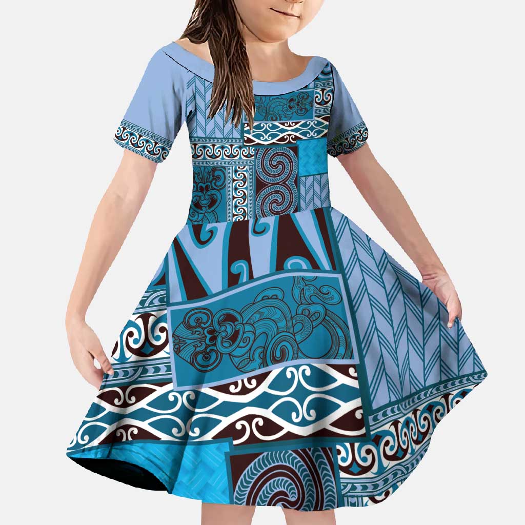 Blue Aotearoa Kowhaiwhai Pattern Family Matching Short Sleeve Bodycon Dress and Hawaiian Shirt NZ Maori Quilt Style LT14 Daughter's Dress Blue - Polynesian Pride
