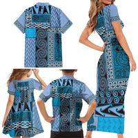 Blue Aotearoa Kowhaiwhai Pattern Family Matching Short Sleeve Bodycon Dress and Hawaiian Shirt NZ Maori Quilt Style LT14 - Polynesian Pride