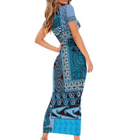 Blue Aotearoa Kowhaiwhai Pattern Family Matching Short Sleeve Bodycon Dress and Hawaiian Shirt NZ Maori Quilt Style LT14 - Polynesian Pride