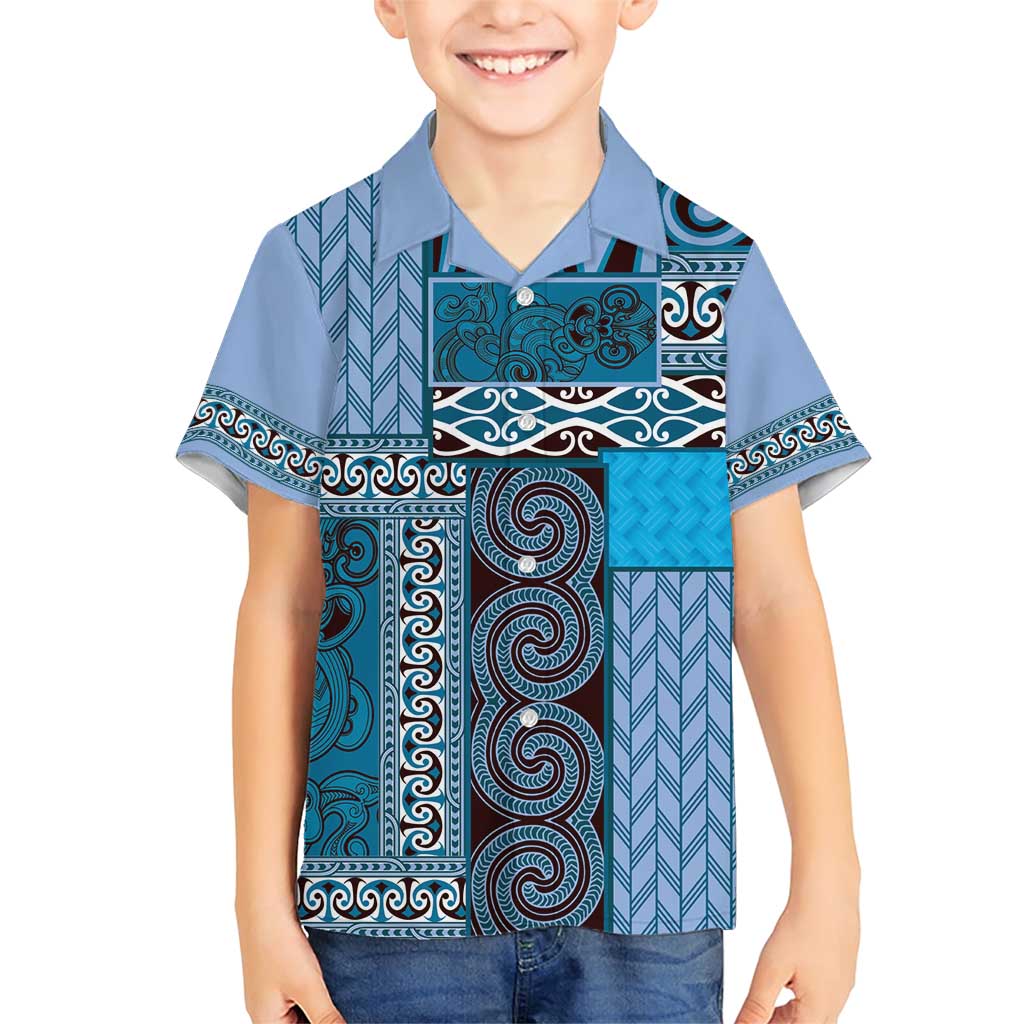 Blue Aotearoa Kowhaiwhai Pattern Family Matching Short Sleeve Bodycon Dress and Hawaiian Shirt NZ Maori Quilt Style LT14 Son's Shirt Blue - Polynesian Pride