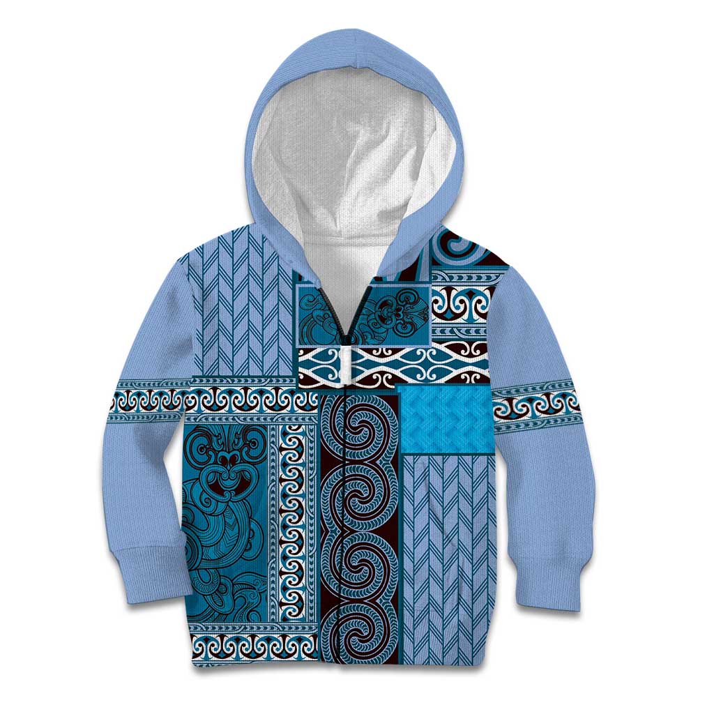 Blue Aotearoa Kowhaiwhai Pattern Kid Hoodie NZ Maori Quilt Style LT14 Zip Hoodie Blue - Polynesian Pride