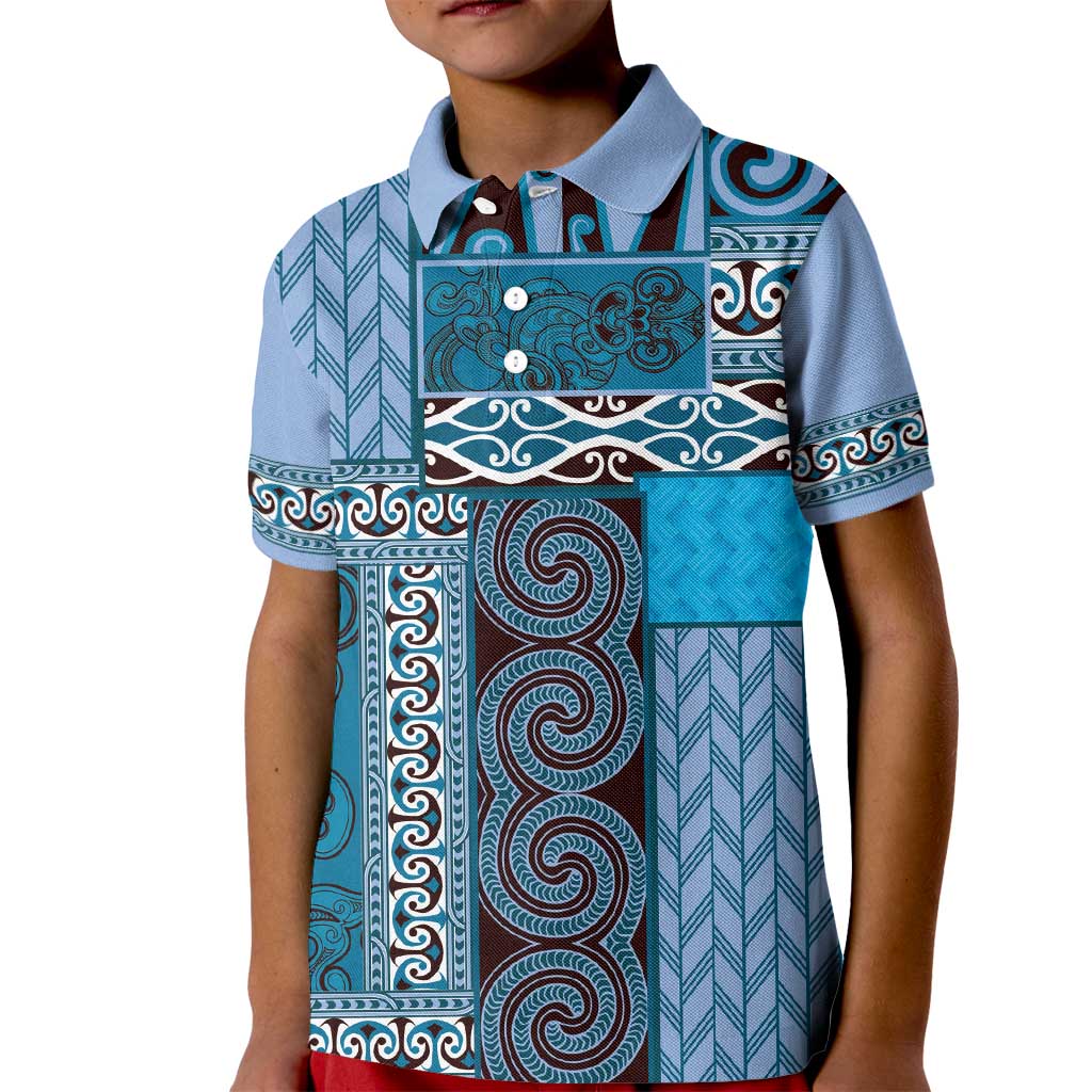 Blue Aotearoa Kowhaiwhai Pattern Kid Polo Shirt NZ Maori Quilt Style
