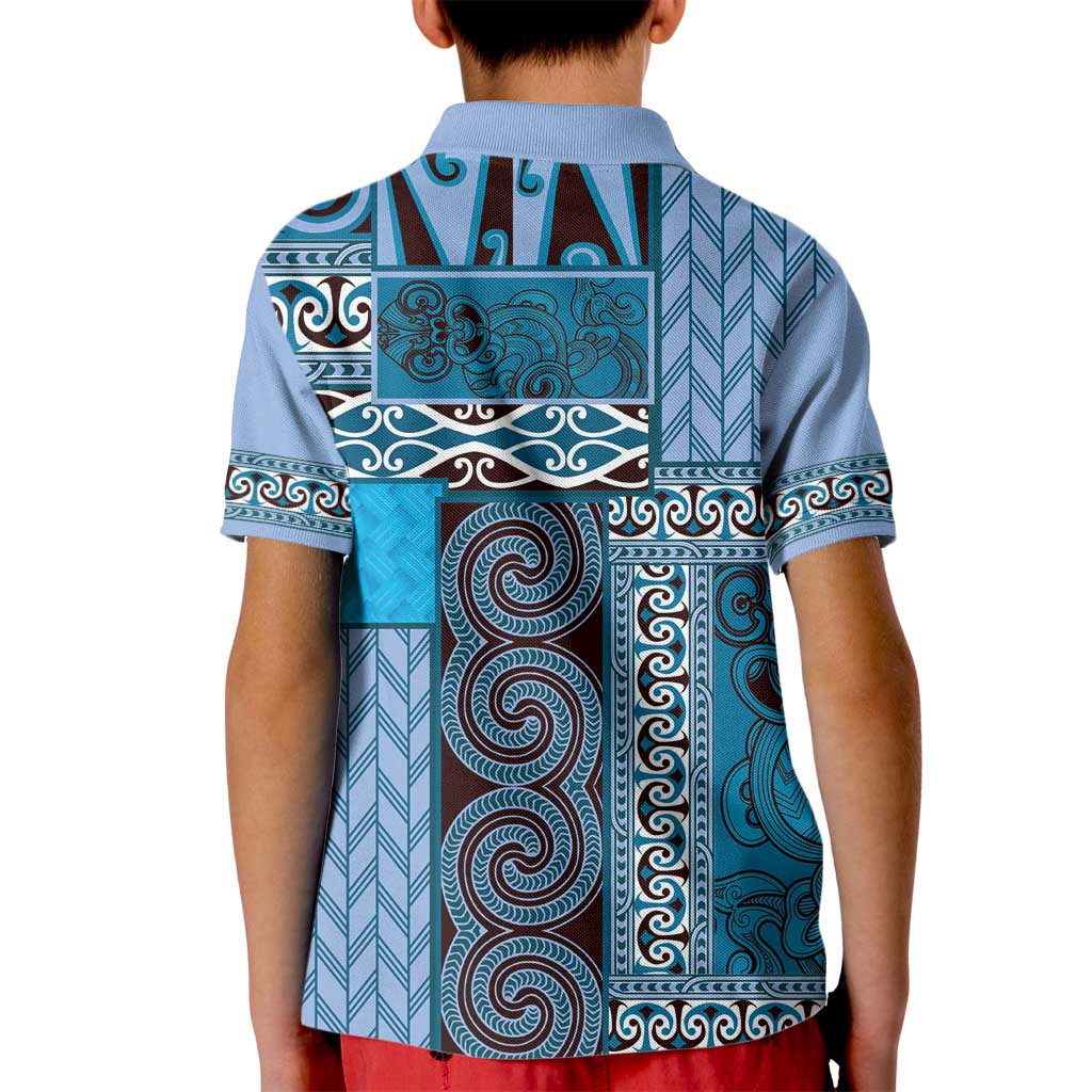 Blue Aotearoa Kowhaiwhai Pattern Kid Polo Shirt NZ Maori Quilt Style LT14 - Polynesian Pride