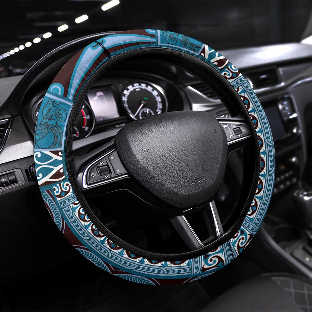Blue Aotearoa Kowhaiwhai Pattern Steering Wheel Cover NZ Maori Quilt Style LT14 Universal Fit Blue - Polynesian Pride