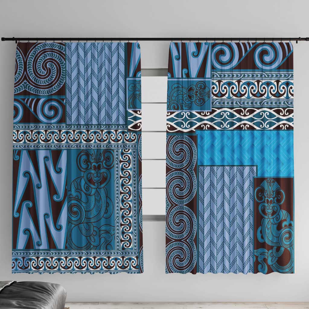 Blue Aotearoa Kowhaiwhai Pattern Window Curtain NZ Maori Quilt Style LT14 With Hooks Blue - Polynesian Pride